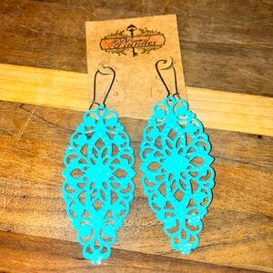 Plunder Blue Filigree Dangle Earrings Aqua Turquoise Lightweight NEW